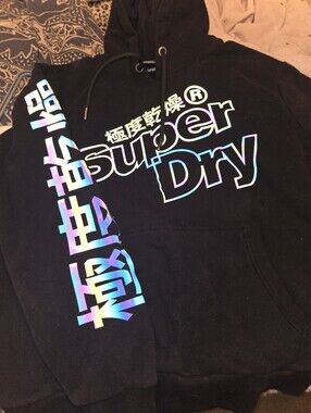 Superdry Black Hoodie with Iridescent Logo and Sleeve Print